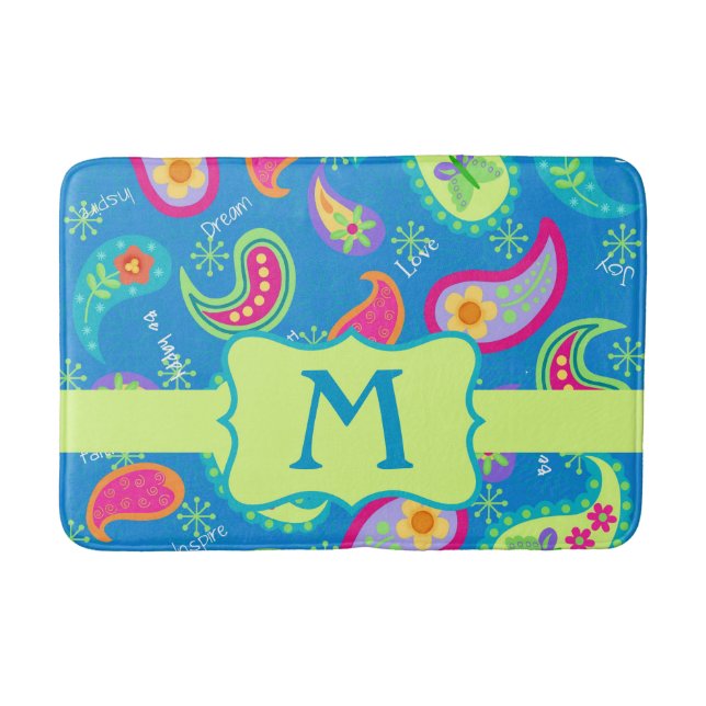 Teal Blue Monogram Modern Paisley Pattern Bath Mat (Front)