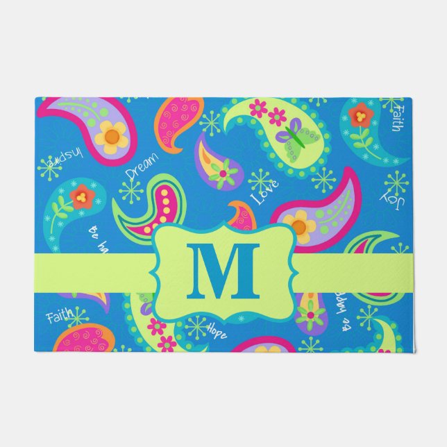 Teal Blue Monogram Modern Paisley Pattern Doormat (Front)