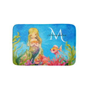 Teal Blue Monogram Name Mermaid Bath Mat