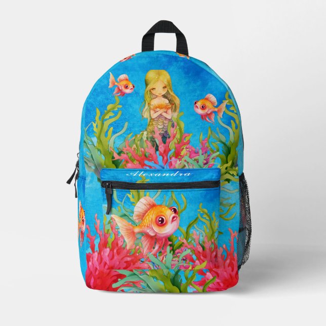 Teal Blue Monogram Name Mermaid Beach Towel Printed Backpack (Front)