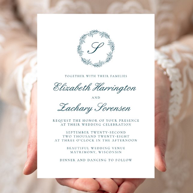 Teal Blue Monogram Wreath Script Wedding Invitation (Creator Uploaded)