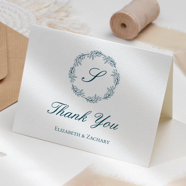 Teal Blue Monogram Wreath Wedding Thank You Card (Creator Uploaded)