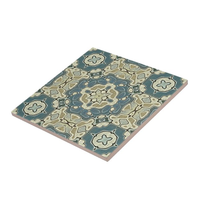 Teal Blue Mustard Green Ochre Ethnic Tribe Art Ceramic Tile (Side)