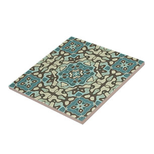 Teal Blue Mustard Green Ochre Ethnic Tribe Art Ceramic Tile