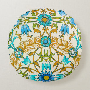 Teal Blue & Mustard William Morris Vine Arts Round Cushion