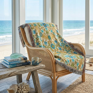 Teal Blue & Mustard William Morris Vine Arts  Throw Blanket
