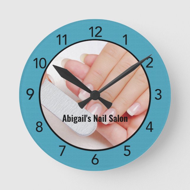 Teal Blue Nail Salon Custom Round Clock (Front)