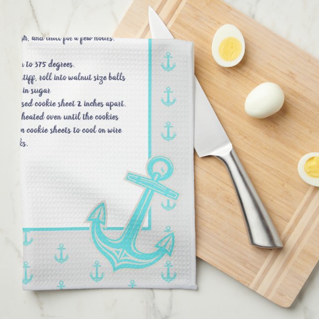 Teal Blue Nautical Anchor Recipe keepsake  Tea Towel (Quarter Fold)