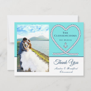 Teal Blue Nautical rope Heart Anchor Wedding Thank You Card