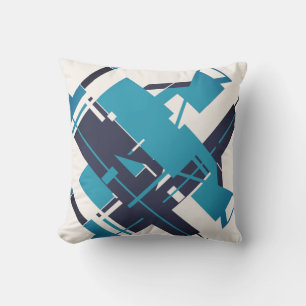 Teal Blue Navy on Off-white Diagonal Abstract Art Cushion