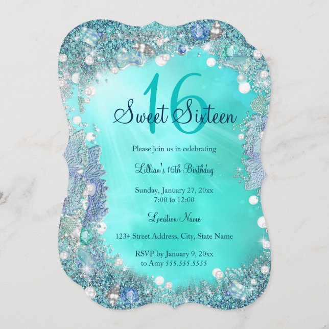 Teal Blue Ocean Pearls Sweet 16 Birthday Party Invitation (Front/Back)