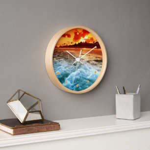 Teal Blue Ocean Surf Orange Sunset Clock