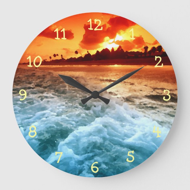 Teal Blue Ocean Surf Orange Sunset Large Clock (Front)