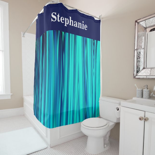 Teal Blue Ocean Wave Abstract Custom Name Shower Curtain (In Situ)