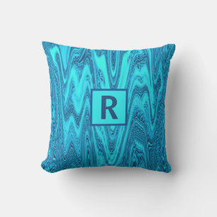 Teal Blue Ocean Wave Abstract Monogrammed Initials Cushion
