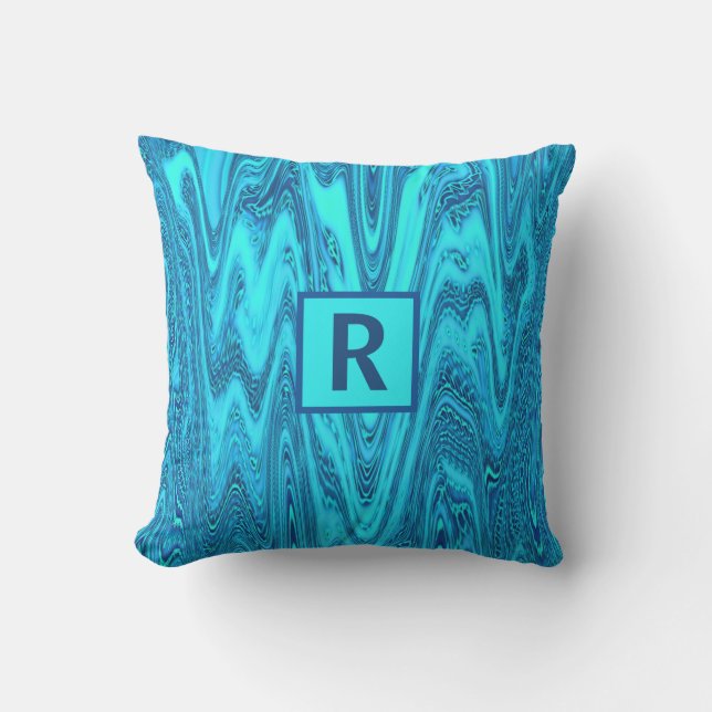 Teal Blue Ocean Wave Abstract Monogrammed Initials Cushion (Front)