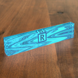 Teal Blue Ocean Wave Abstract Monogrammed Initials Nameplate