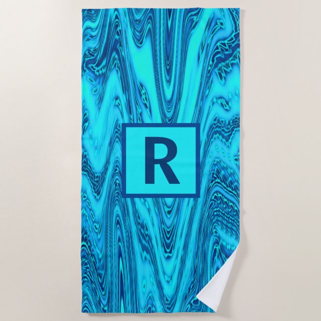 Teal Blue Ocean Waves Abstract Monogram Initials Beach Towel (Front)