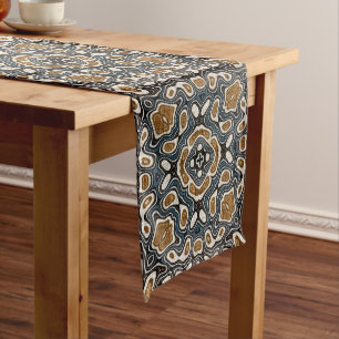 Teal Blue Ochre Brown Beige Bohemian Tribe Art Medium Table Runner