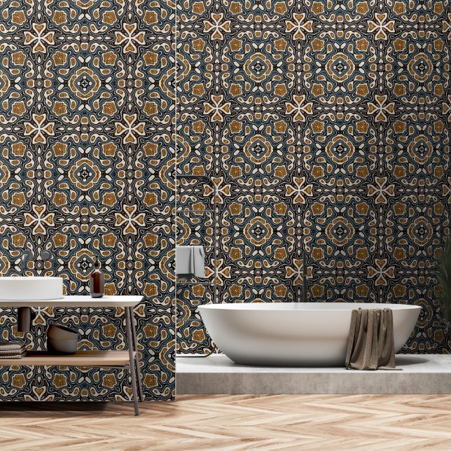 Teal Blue Ochre Brown Beige Bohemian Tribe Art Wallpaper (Bathroom)
