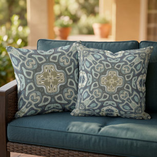 Teal Blue Ochre Mustard Green Orient Tribal Art Cushion