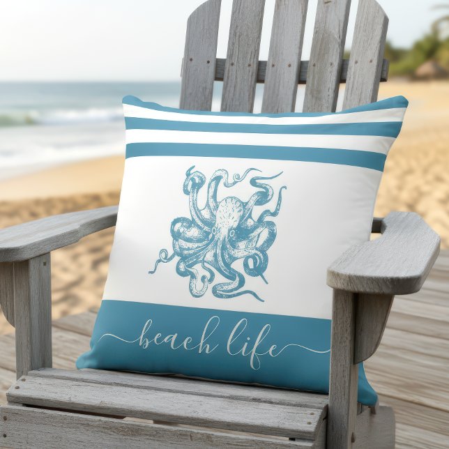 Teal blue octopus beach life script simple modern cushion (Creator Uploaded)