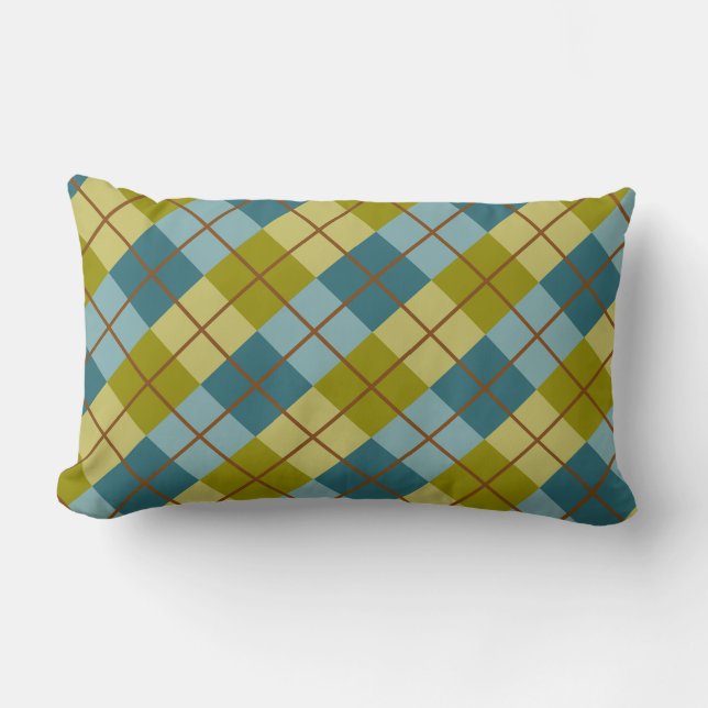 Teal Blue Olive Yellow Pattern Lumbar Cushion (Front)