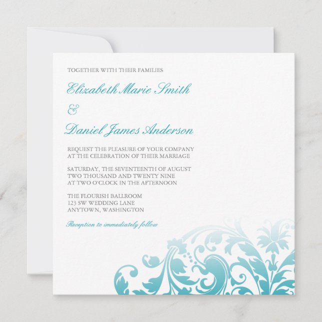 Teal Blue Ombre Flourish Swirl Wedding Invitation (Front)