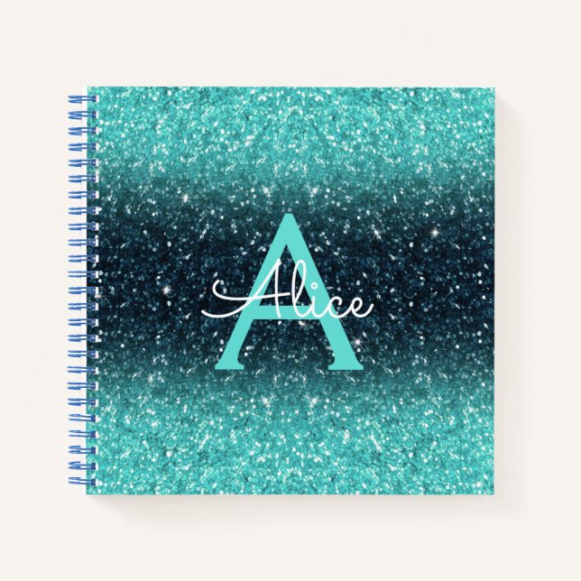Teal Blue Ombre Glitter and Monogram Recipe Notebook (Front)