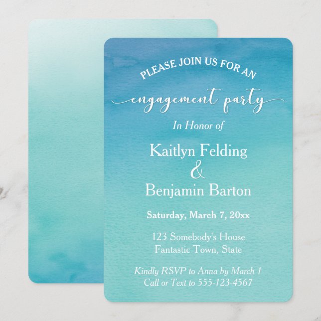 Teal & Blue Ombre Watercolor Engagement Party Invitation (Front/Back)