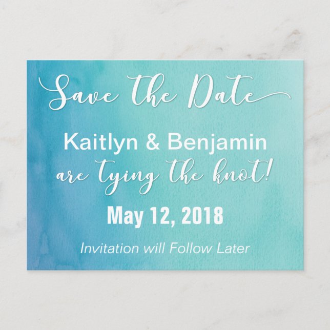 Teal & Blue Ombre Watercolor Save the Date Announcement Postcard (Front)