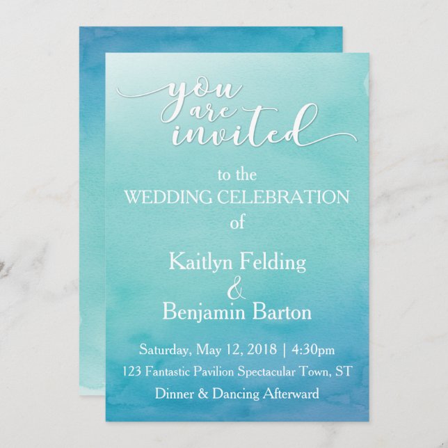 Teal & Blue Ombre Watercolor Wedding Invitation 3a (Front/Back)