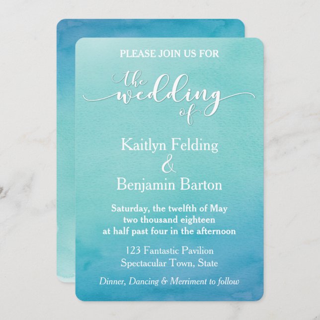 Teal & Blue Ombre Watercolor Wedding Invitation 4a (Front/Back)