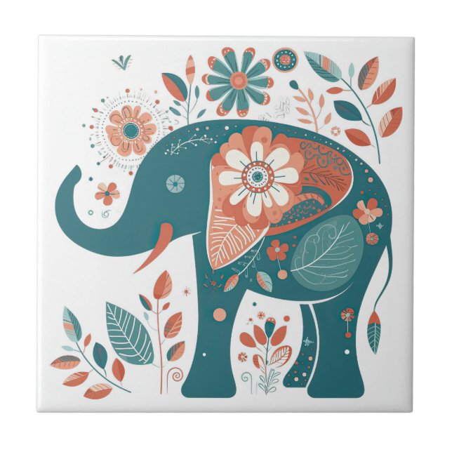 Teal Blue Orange Elephant Scandinavian Folk Art Ceramic Tile (Front)