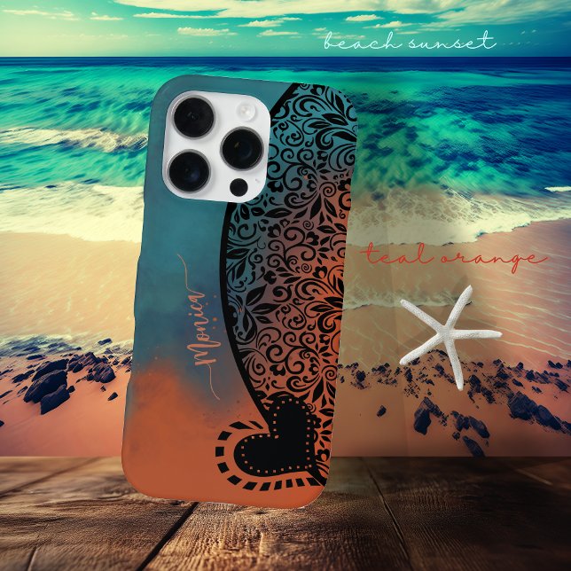 Teal Blue & Orange Modern Floral Pattern  iPhone Case (Teal Blue & Orange Modern Floral Pattern iPhone Case)