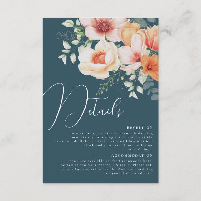 Teal Blue Orange Peach Floral Wedding Details Enclosure Card (Front)