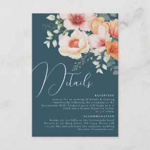 Teal Blue Orange Peach Floral Wedding Details Enclosure Card