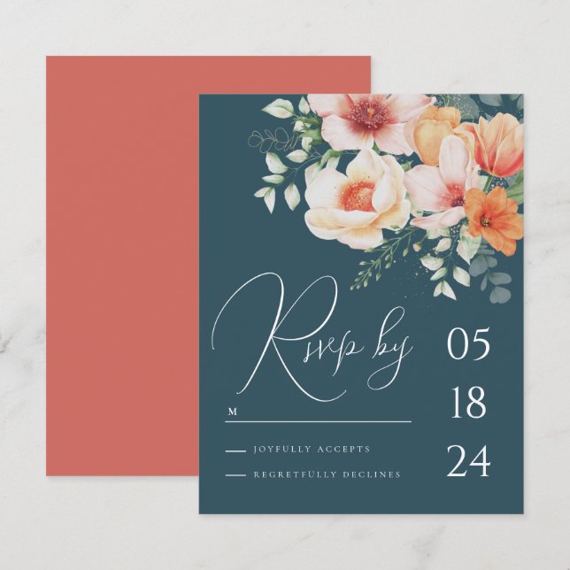 Teal Blue orange Spring Peach Floral Wedding RSVP (Front/Back)