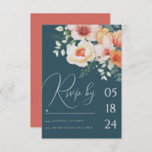 Teal Blue orange Spring Peach Floral Wedding RSVP