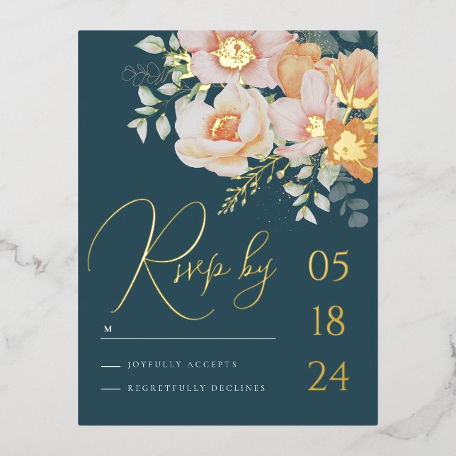 Teal Blue orange Spring Peach Floral Wedding RSVP Foil Holiday Postcard (Front)