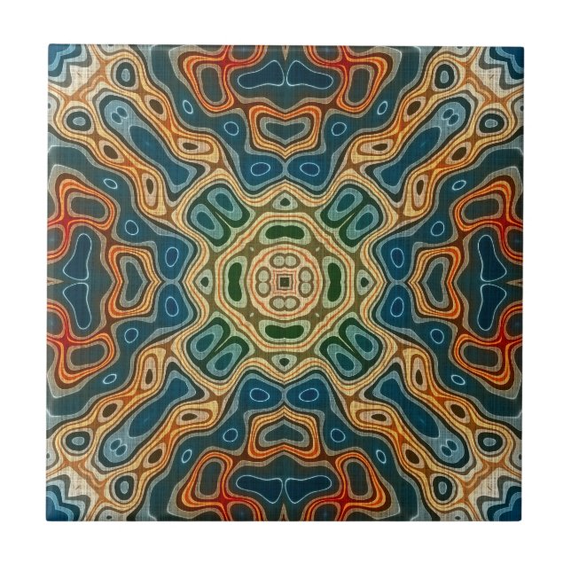 Teal Blue Orange Yellow Green Ethnic Tribe Art Ceramic Tile (Front)
