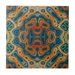 Teal Blue Orange Yellow Green Ethnic Tribe Art Ceramic Tile