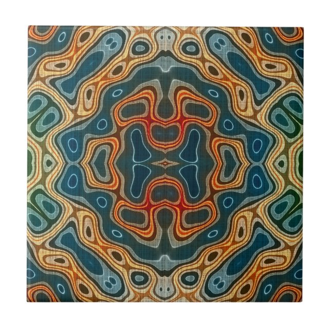Teal Blue Orange Yellow Green Ethnic Tribe Art Ceramic Tile (Front)
