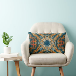 Teal Blue Orange Yellow Green Hip Bohemian Art Lumbar Cushion