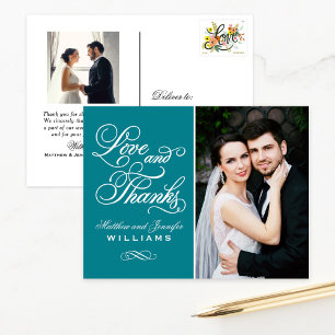 Teal Blue Ornate Love and Thanks Wedding Photo Postcard