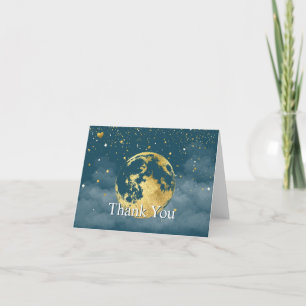 Teal Blue Over the Moon and Stars Celestial Gold Thank You Card