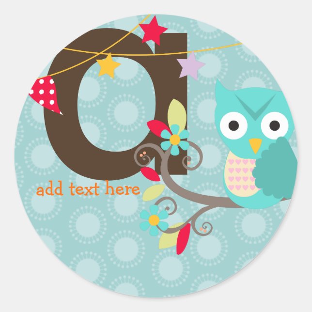 Teal/Blue Owl/DIY colour/add monogram Classic Round Sticker (Front)