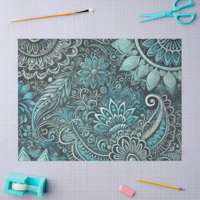Teal Blue Paisley Floral Pattern Decoupage Tissue Paper (Craft)