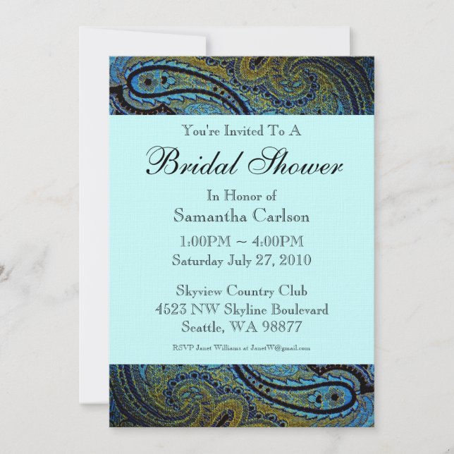 Teal Blue Paisley Peacock Bridal Shower Invitation (Front)