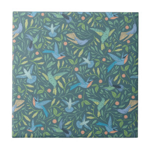 Teal, Blue, Peach Hummingbirds Ceramic Tile